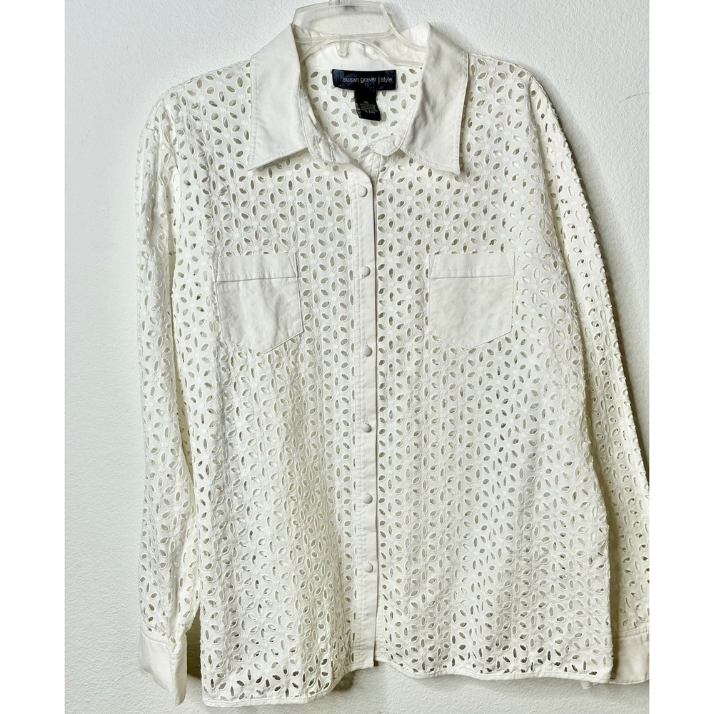 Susan‎ Graver Womens Sz XL White Shirt Top Eyelet Embroidered 100% Cotton Boho